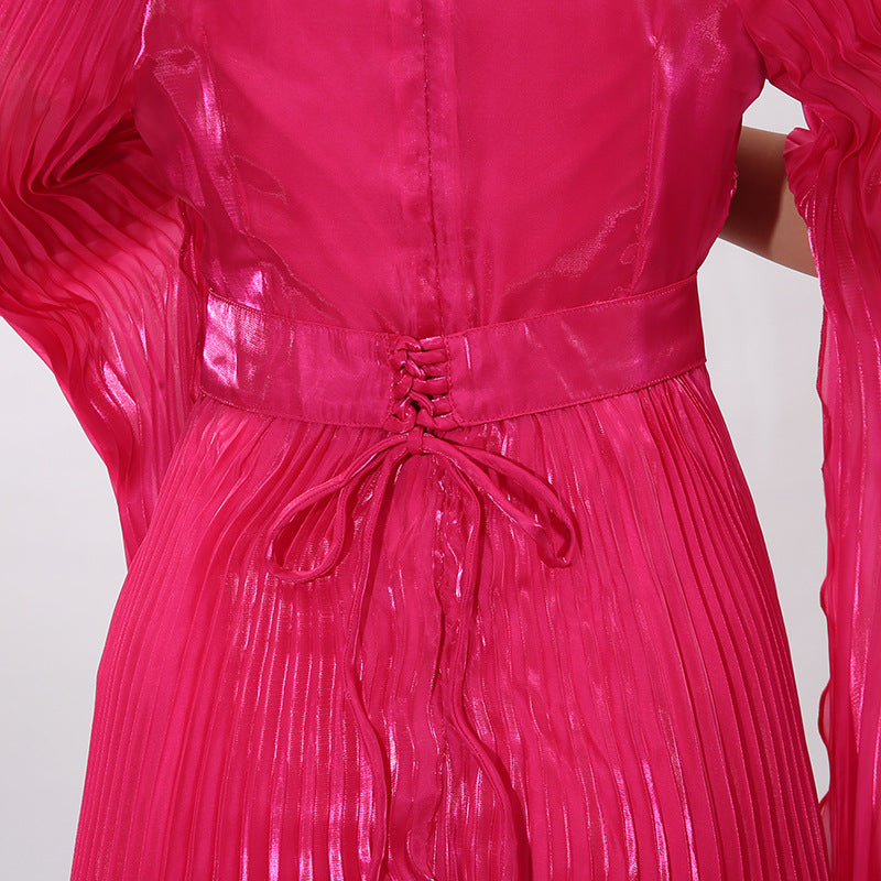 Hodaya Vibrant Pink Pleated Long Sleeve Maxi Dress