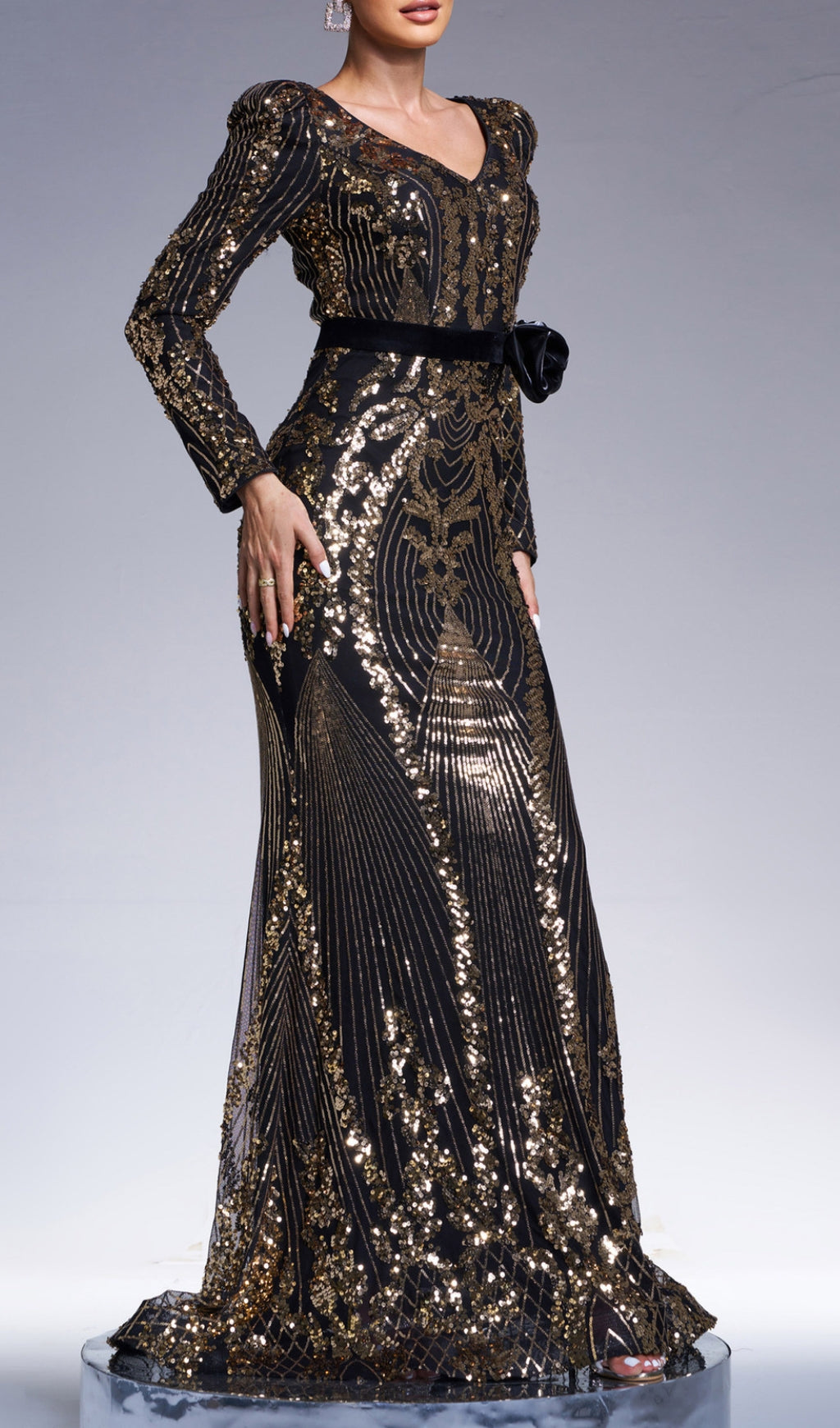 Chapa Glamorous Gold Sequin Long Sleeve Maxi Evening Gown