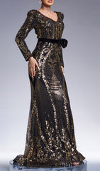 Chapa Glamorous Gold Sequin Long Sleeve Maxi Evening Gown