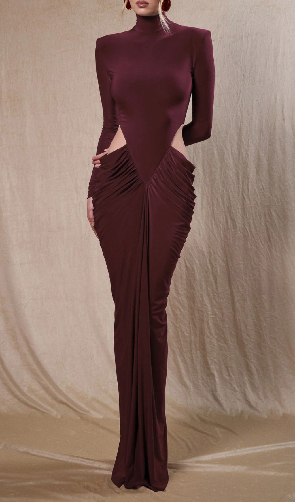 Jera Wine Elegant Cutout Ruched Maxi Dress