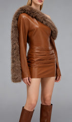 João Daring Faux Leather & Faux Fur Asymmetrical Mini Dress