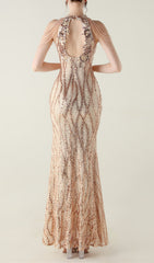 Ikra Glamour Halter Sequin High Slit Maxi Dress