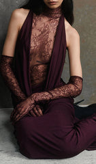 Elegant Wine Red Cascade Lace Deep-V Halter Maxi Gown