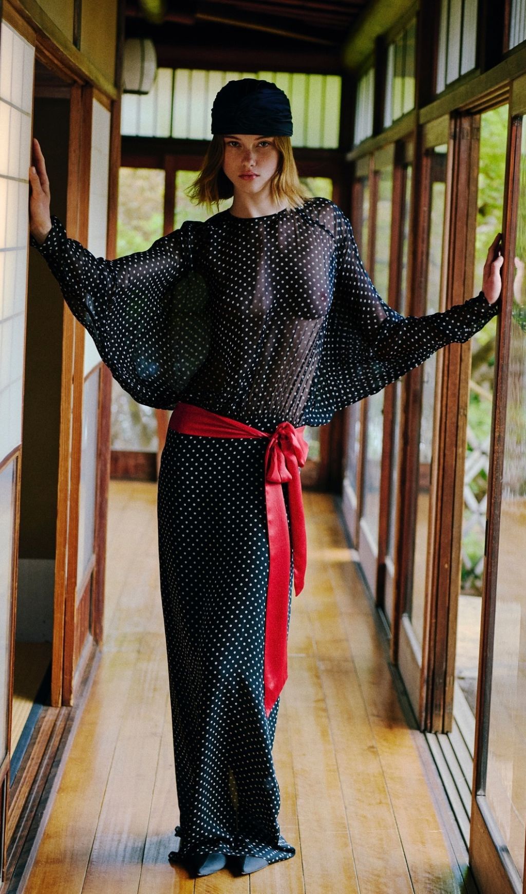 Chic Sheer Polka Dot Long Sleeve Maxi Dress
