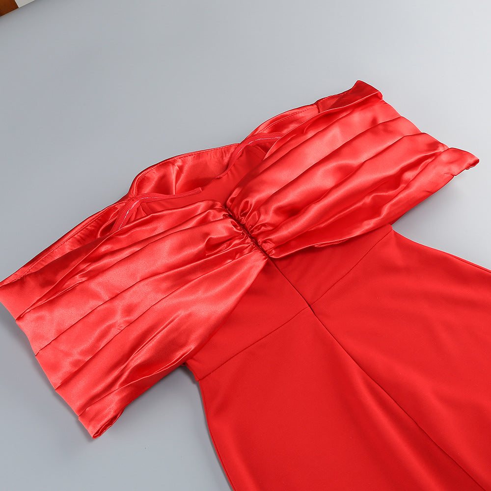 Jonilde Glamorous Red Off-Shoulder Maxi Dress with High Slit