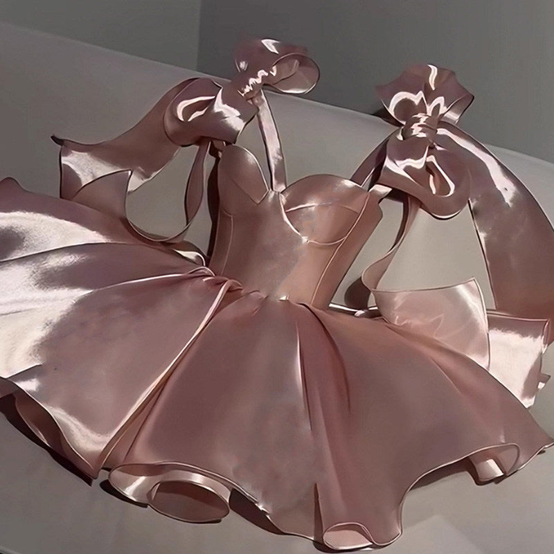 Jazzlyn Blush Pink Satin Bow Mini Dress