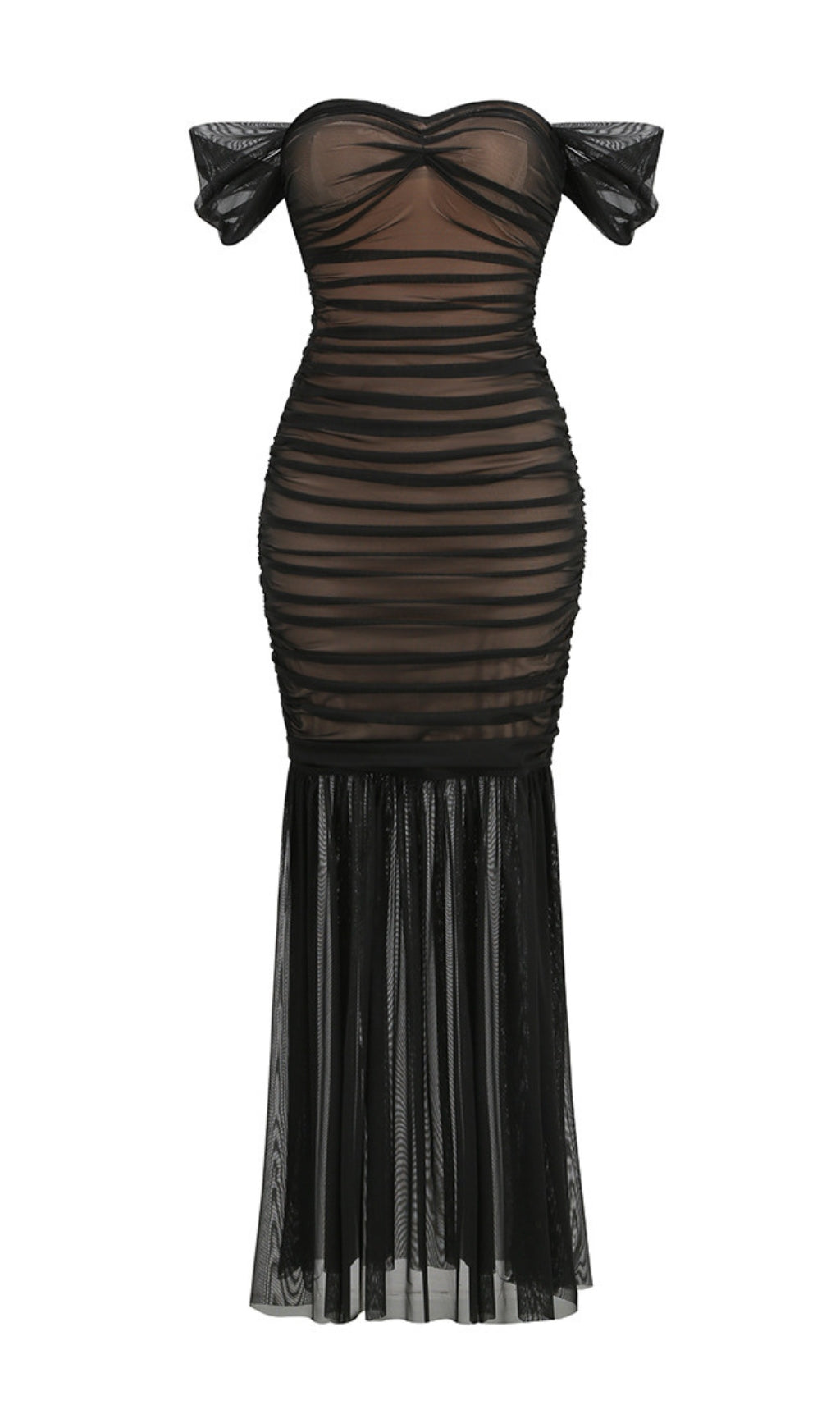 Glamorous Black Off-Shoulder Ruched Mesh Maxi Gown