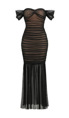 Glamorous Black Off-Shoulder Ruched Mesh Maxi Gown