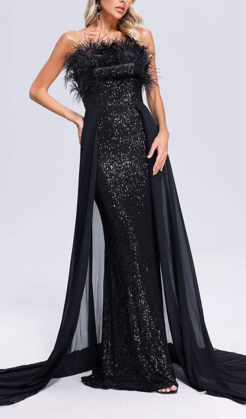 Dazzling Black Feather Sequin Strapless Maxi Gown with Chiffon Overlay