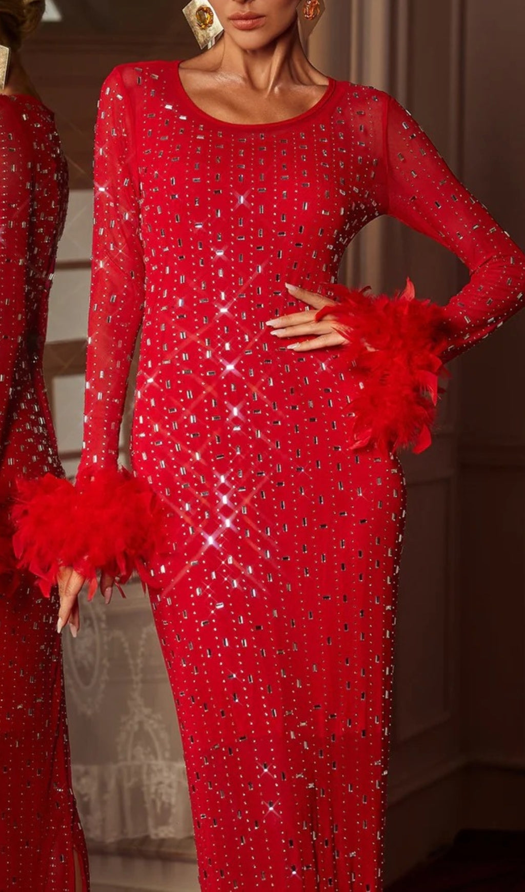 Chardea Red Rhinestone Feather Maxi Dress