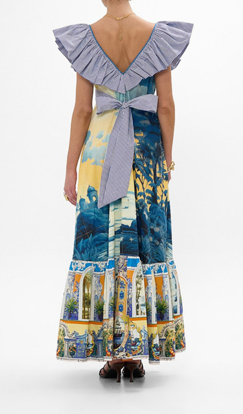 Deryn Tropical Oasis Ruffle V-Neck Maxi Dress