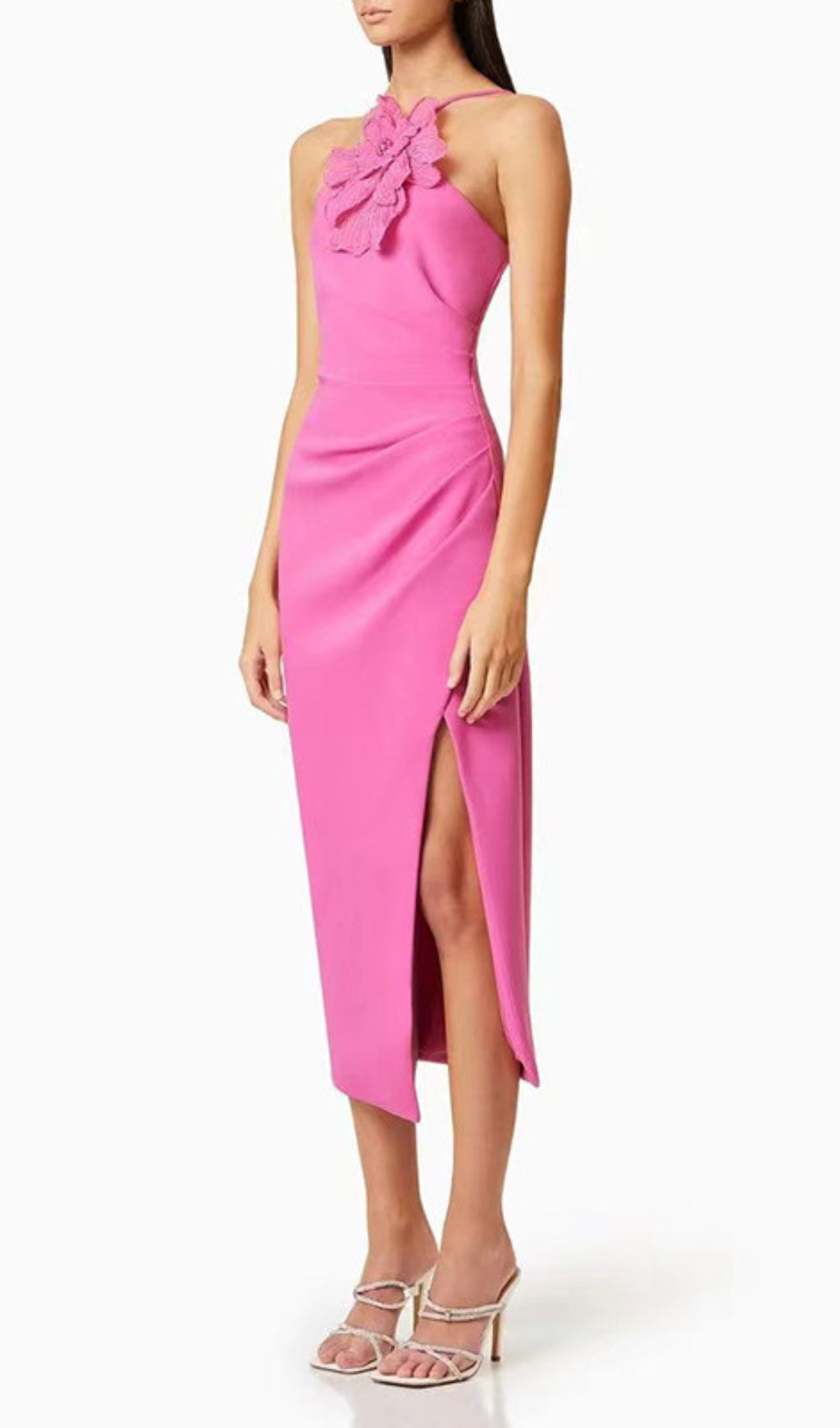 Darva Hot Pink 3D Floral Halter Midi Dress