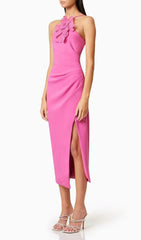 Darva Hot Pink 3D Floral Halter Midi Dress
