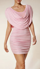 Eladio Dazzling Pink Rhinestone Plunge Ruched Mini Dress