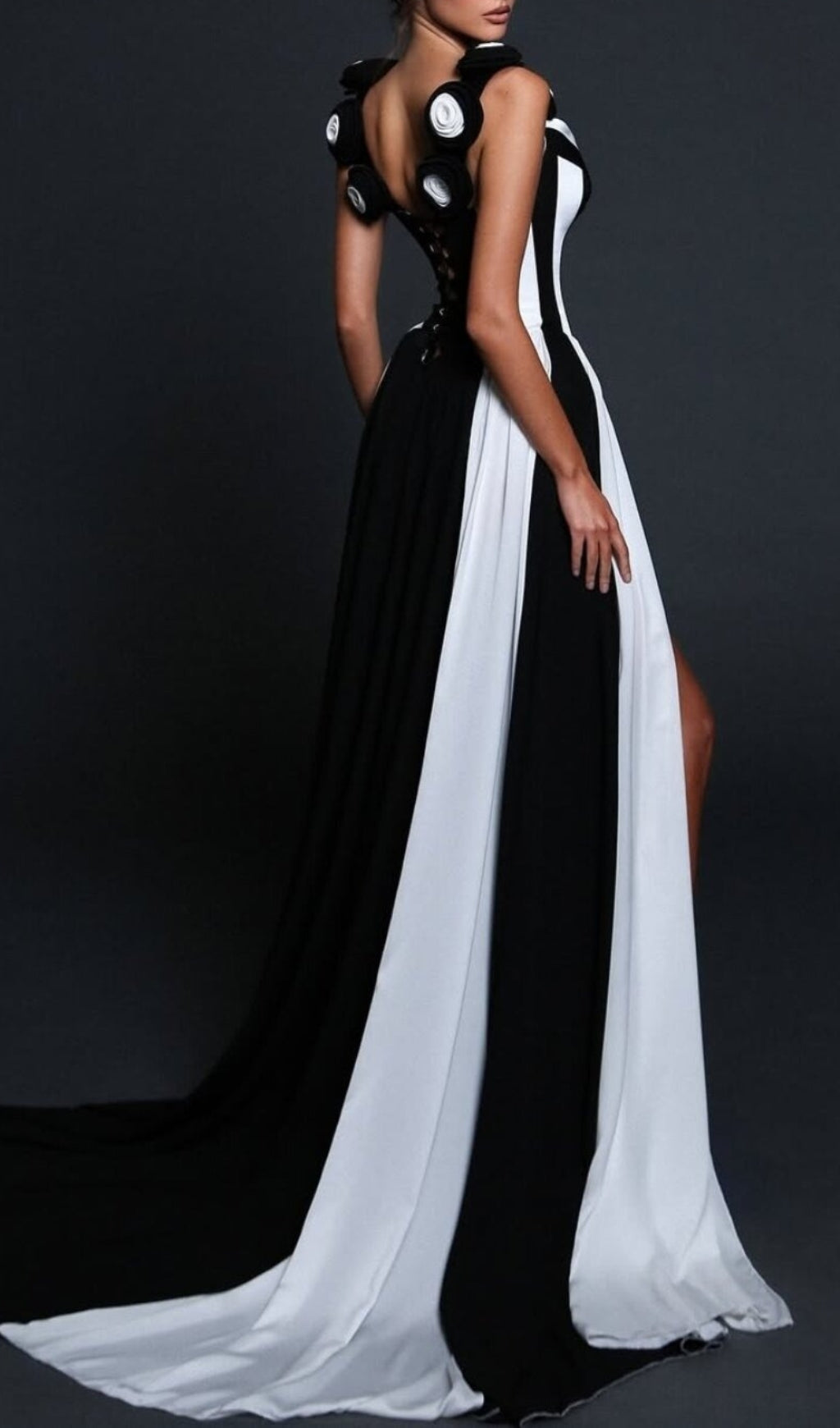 Cura Couture Black & White Striped Maxi Dress with Floral Accents