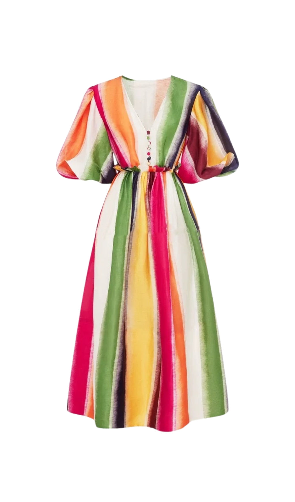 Erix Vibrant Rainbow Stripe Puff-Sleeve Midi Dress