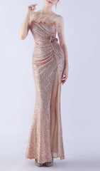 Chroma Dazzling Rose Gold Sequin Feather & Flower Maxi Gown with High Slit