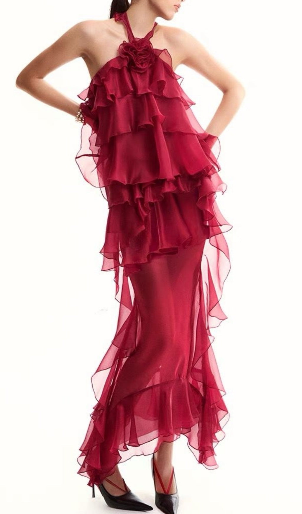 Eleri Red Ruffle Tiered Halter Maxi Dress