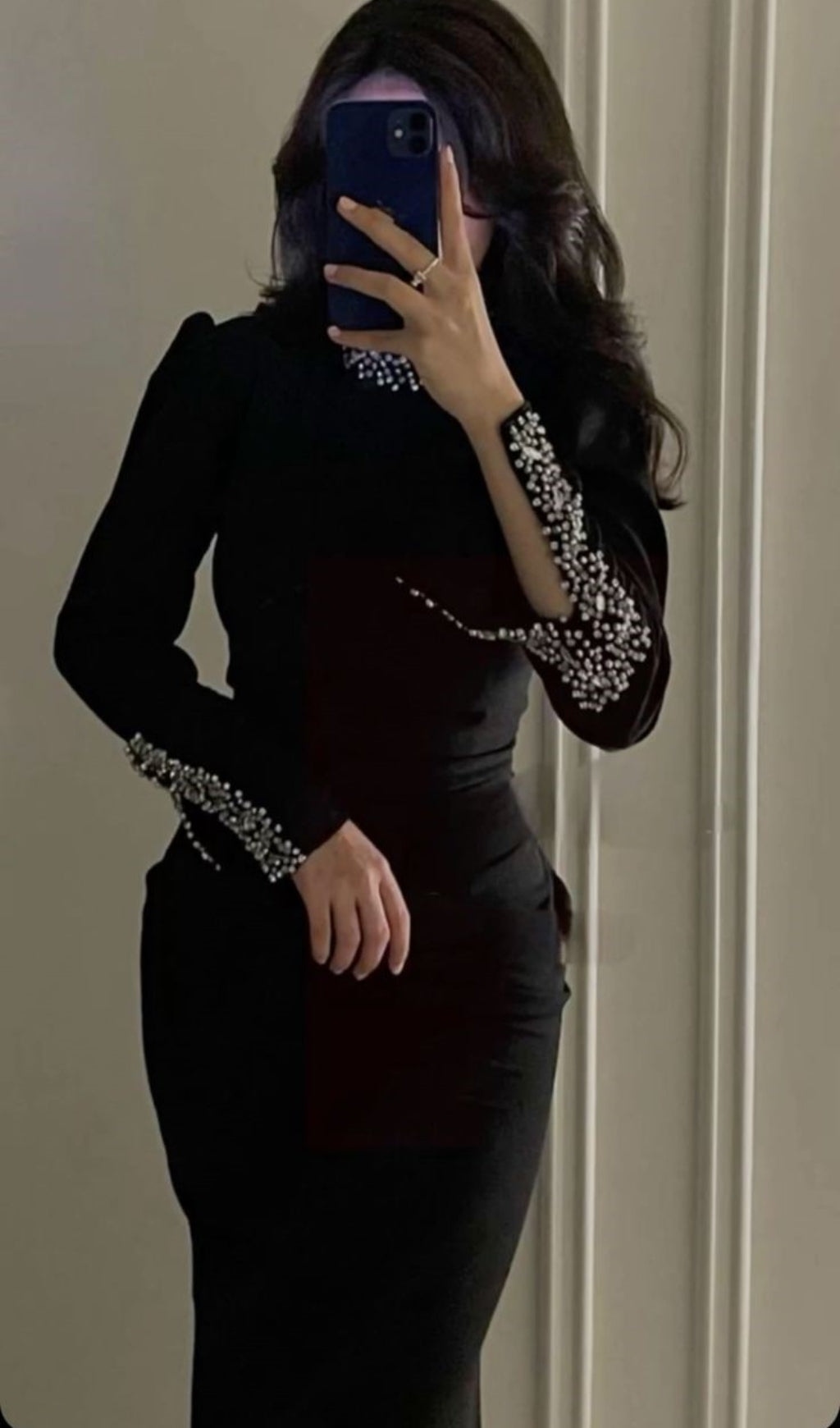 Glamorous Bridie Black Crystal Embellished Long Sleeve Midi Dress