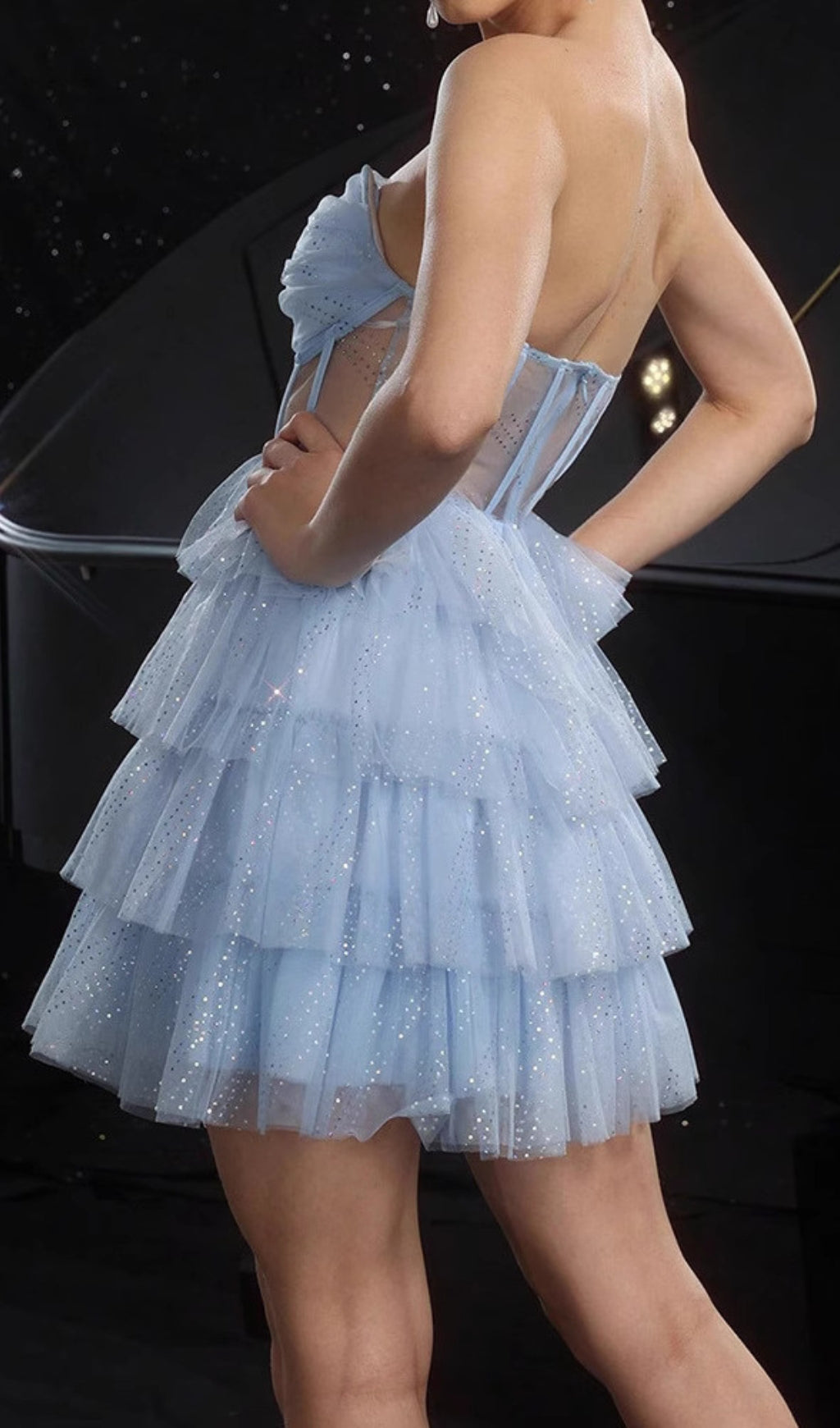 Dembe Dazzling Blue Sparkle Strapless Corset Tulle Mini Dress