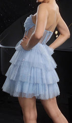 Dembe Dazzling Blue Sparkle Strapless Corset Tulle Mini Dress