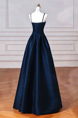 Simple Navy Blue Satin Straps Long Prom Dress