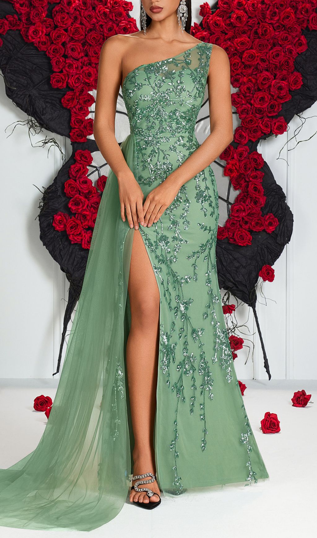 Jenne Glamorous One-Shoulder Sequin Mesh Maxi Gown with Slit