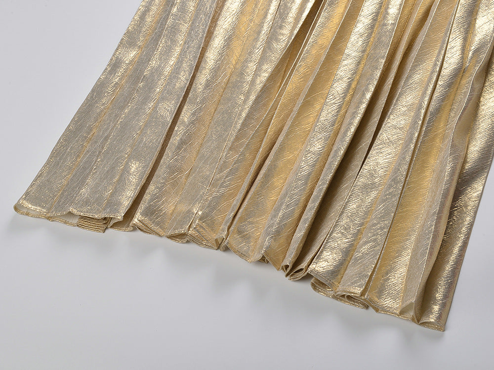 Glamorous Gold Lurex Ribbed Knit Maxi Dress with Statement Chain Belt