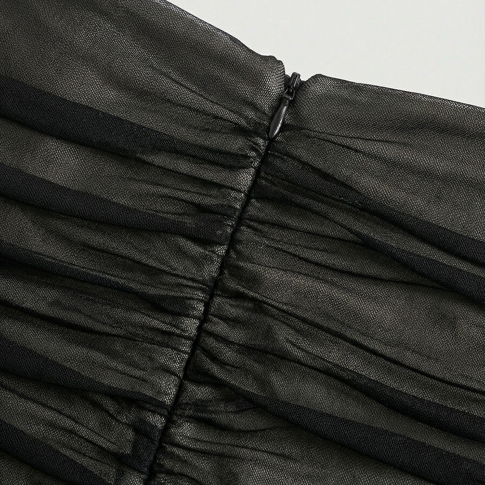 Jadzia Black Halter Ruched Mesh Maxi Dress