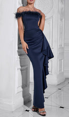 Glamorous Feather Off-Shoulder Ruched Maxi Dress