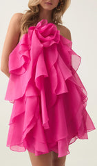Pandorea Fuchsia Rose Layered Ruffle Halter Mini Dress