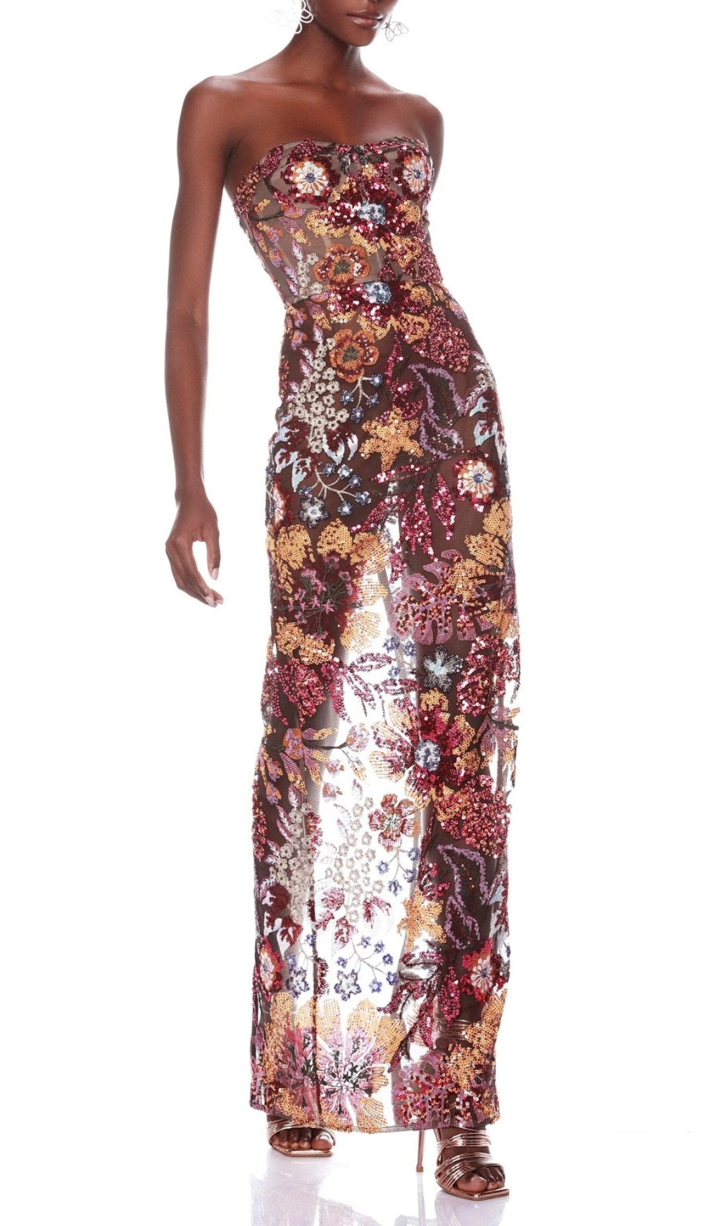 Aimee Dazzling Floral Sequin Strapless Maxi Gown
