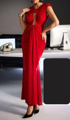 Drosyne Red Keyhole Cutout Ruched Maxi Dress