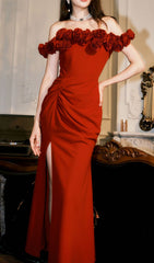 Darcila Red Rose Off-Shoulder Slit Maxi Dress