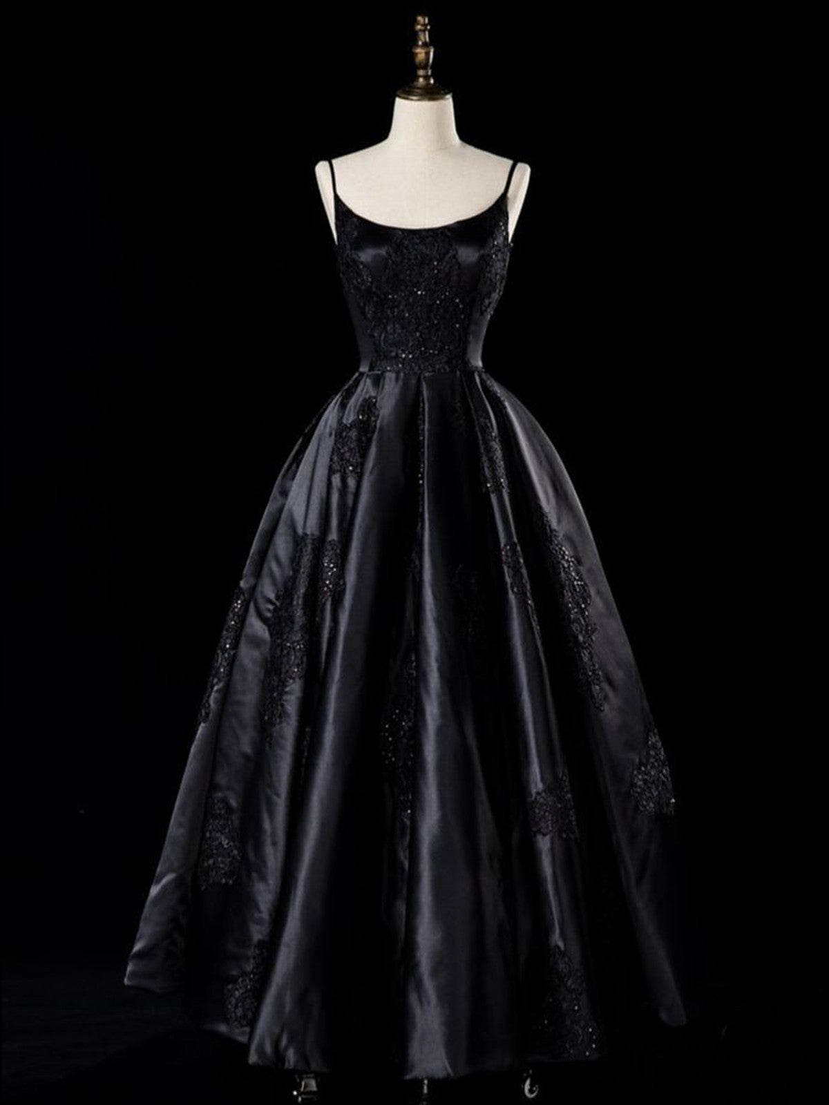 A-line Black Satin Straps with Lace Applique Prom Dress