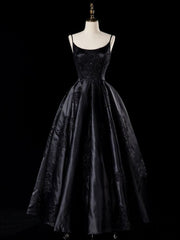 A-line Black Satin Straps with Lace Applique Prom Dress