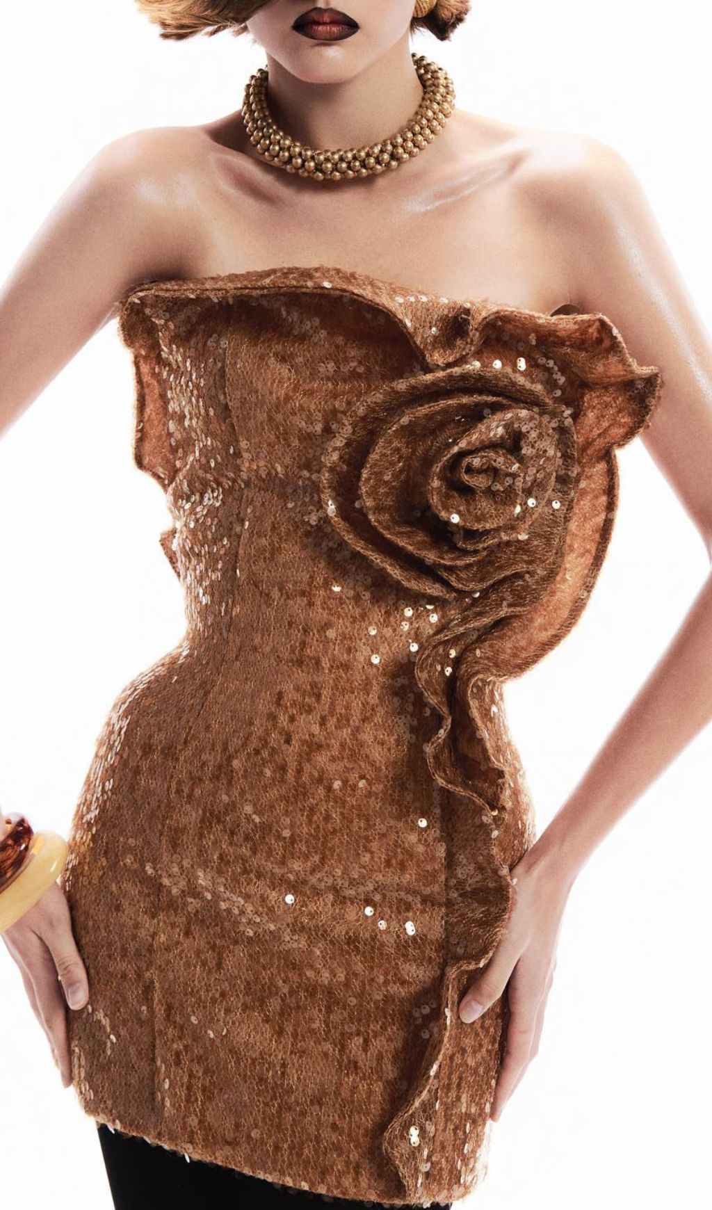 Emele Dazzling Gold Sequin Strapless Mini Dress with 3D Flower