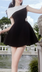 Gentry Chic Black & White Asymmetrical Mini Dress with Floral Accent