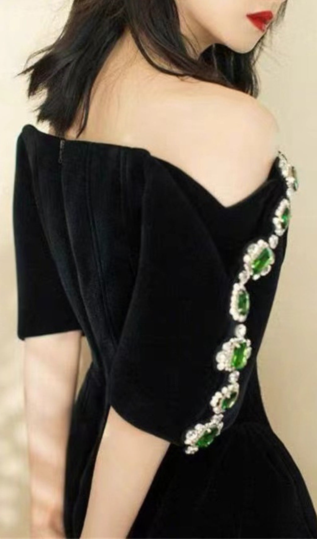 Dottie Luxe Emerald & Rhinestone Black Velvet Off-Shoulder Mini Dress