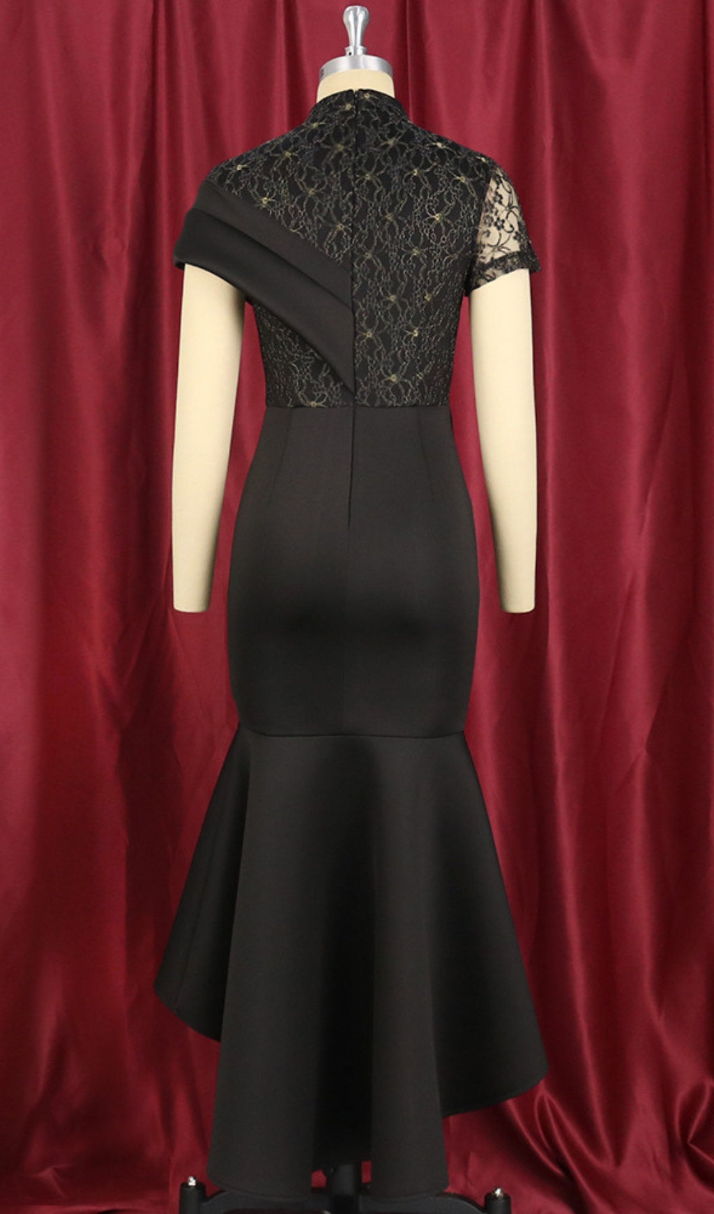 Bader Black Lace Asymmetrical Ruffle Midi Dress