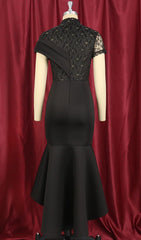 Bader Black Lace Asymmetrical Ruffle Midi Dress