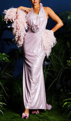 Lahela Glamour Shimmer Halter Maxi Dress with 3D Flower & Feather Shrug