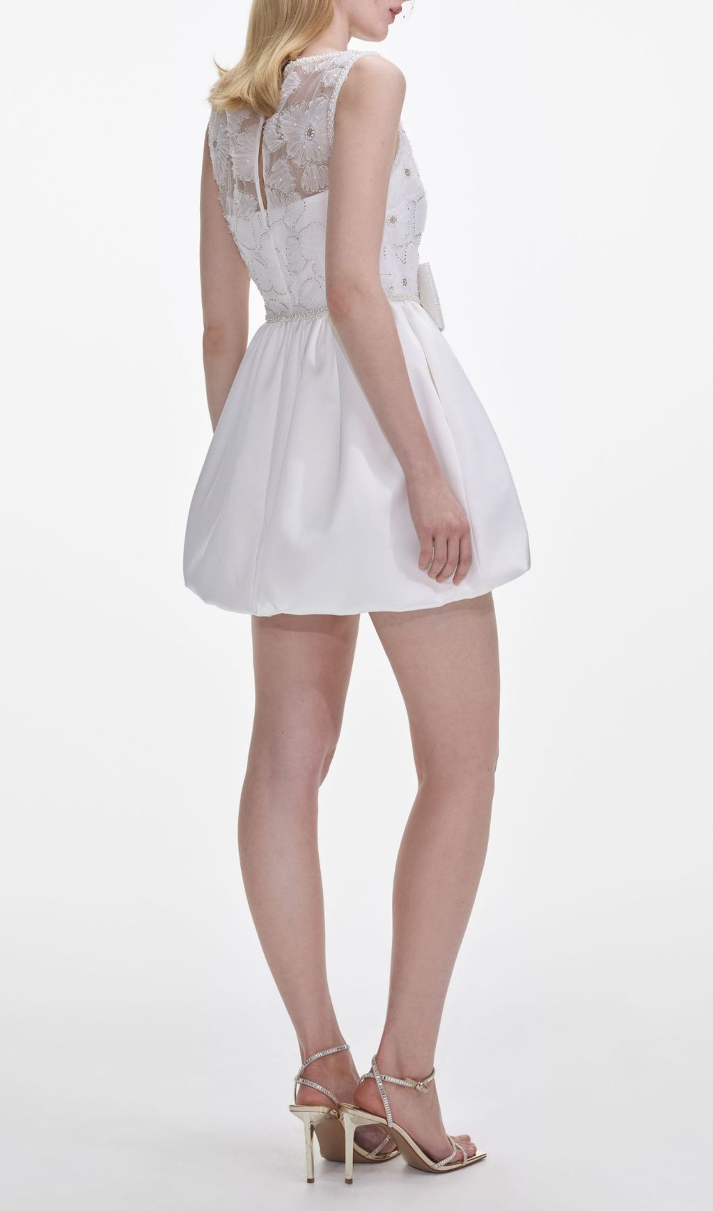 Chic White Beaded Lace & Bow Mini Dress