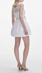 Chic White Beaded Lace & Bow Mini Dress