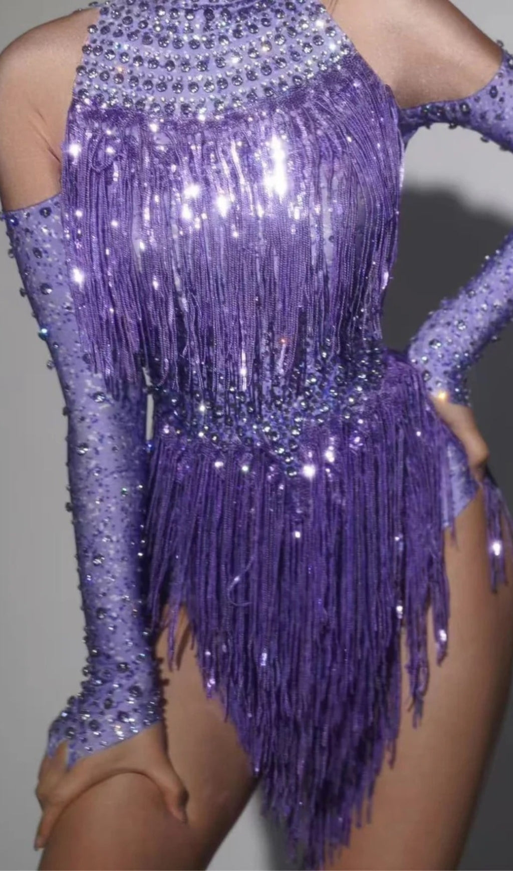 Dazzling Lakendra Long Sleeve Crystal Fringe Bodysuit