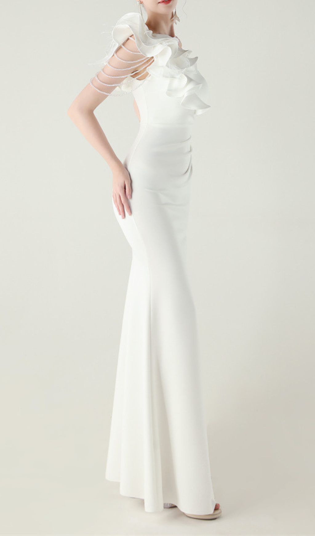 Ijlal Glamorous White One-Shoulder Ruffle Slit Maxi Dress