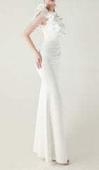 Ijlal Glamorous White One-Shoulder Ruffle Slit Maxi Dress