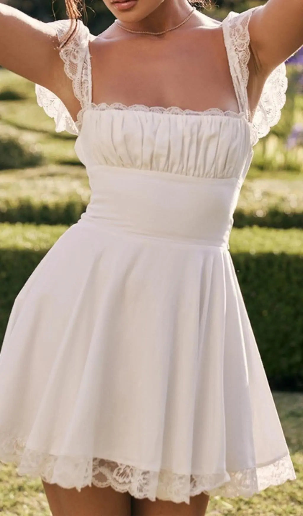 Romantic White Linen & Lace Mini Dress