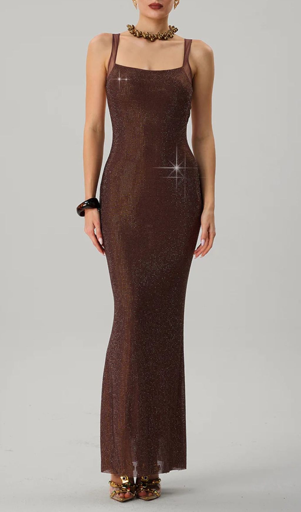 Dazzling Brown Backless Rhinestone Maxi Dress