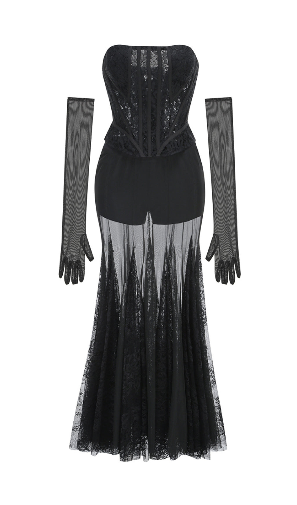 Calandra Gothic Glam Black Lace Corset & Sheer Maxi Skirt Set
